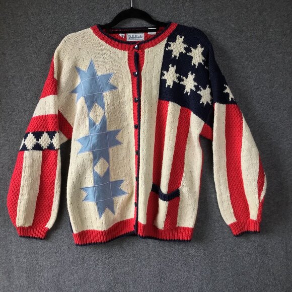 Vintage Belle Pointe Hand Knit Stars & Stripes Patchwork Cardigan Sweater Sz L - Picture 1 of 7